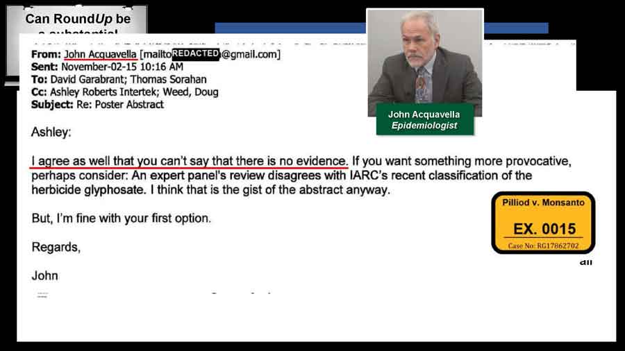 Email from Dr. Acquavella stating that he agrees there is no evidence